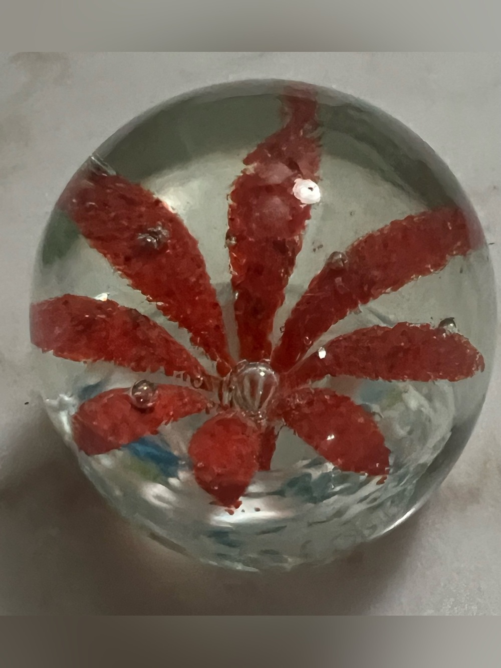 Vintage Encapsulated Grit Flower Controlled Air Bubbles Glass Paperweight